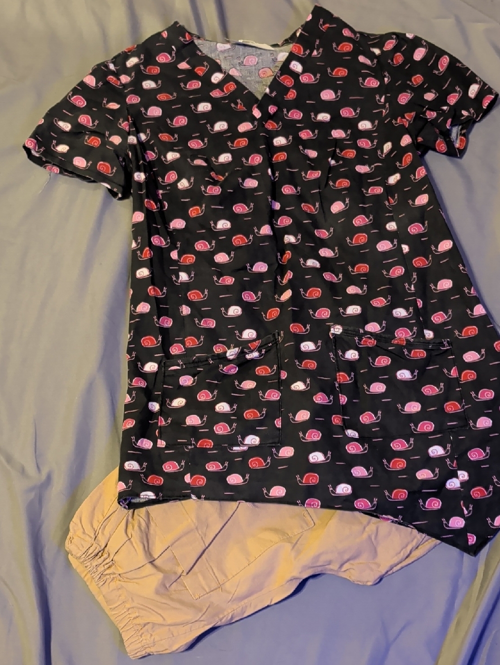 Black Snail Print Medical Scrub Top With Tan Pants Multi-pocket